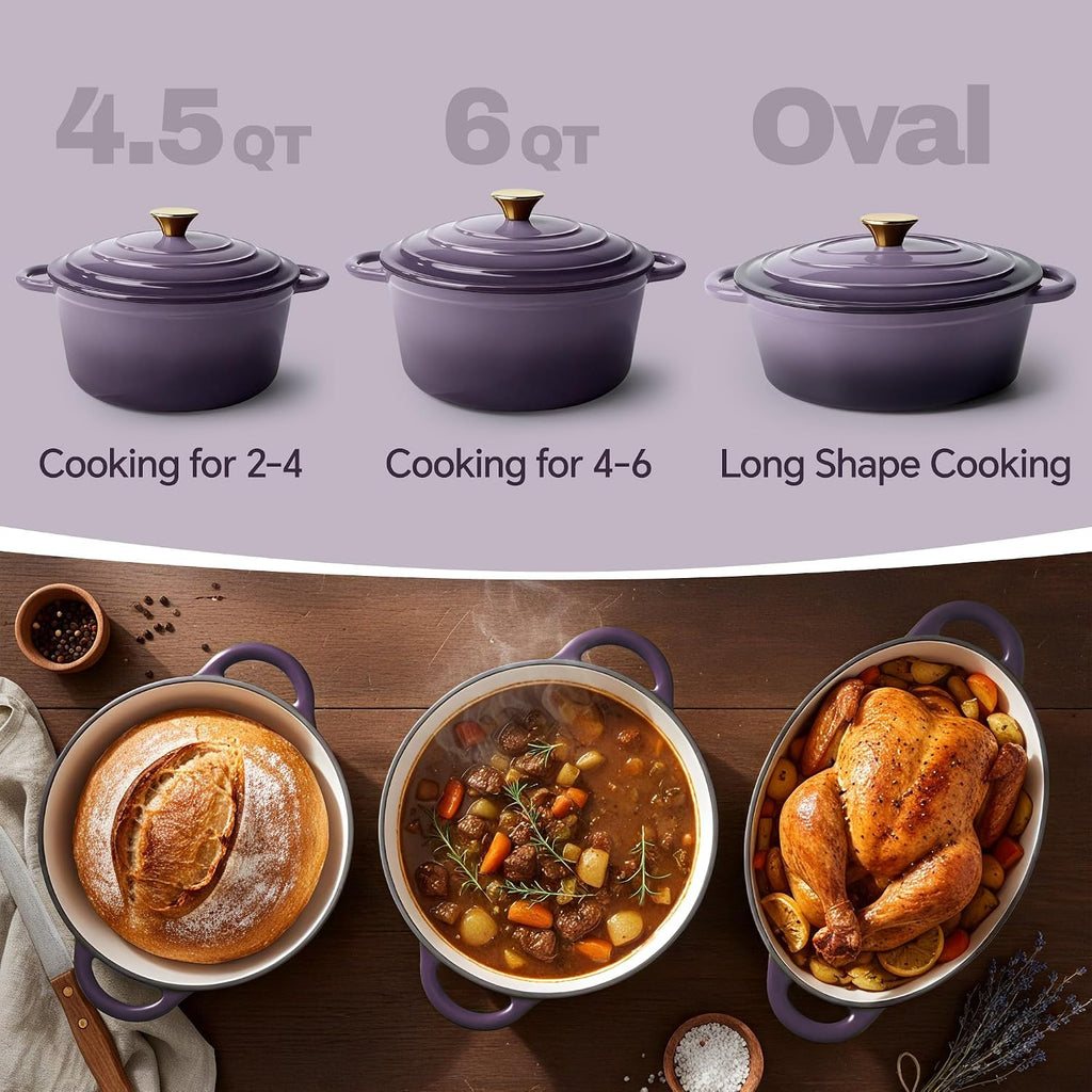 Vintage Style 6 Quart Dutch Oven Pot with Lid, Non Stick Enameled Cast Iron Dutch Oven for Bread Baking, Heavy-Duty, Oven Safe Ceramic Cookware Up to 500°F for Baking, Braising, Stews, Roasting, Purple