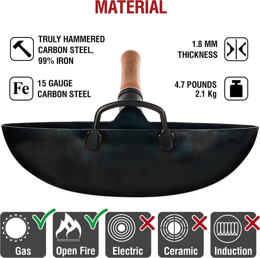 YOSUKATA 14” Blue Carbon Steel Wok with Round Bottom