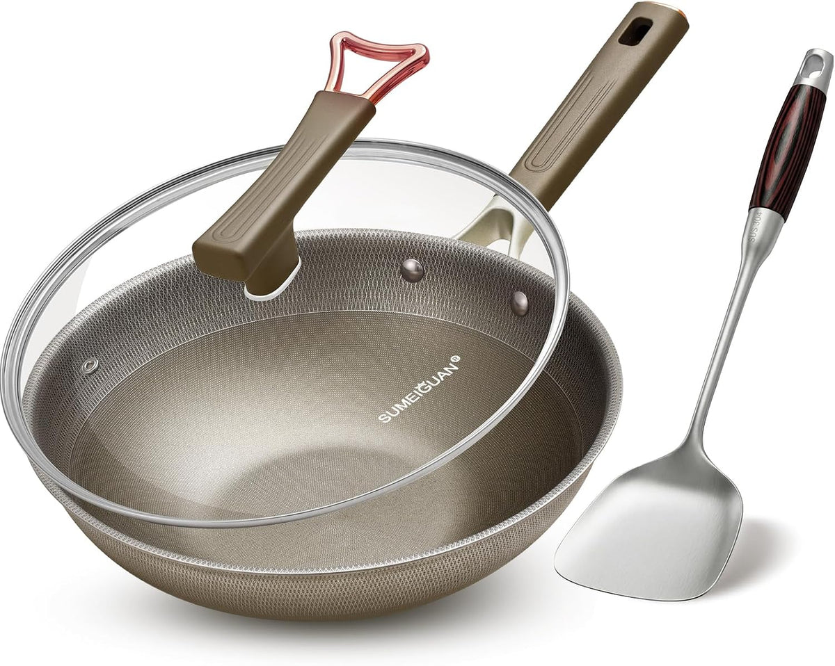 13" Titanium Hybrid Woks with Lid & Stir-fry Pans Nonstick, Induction