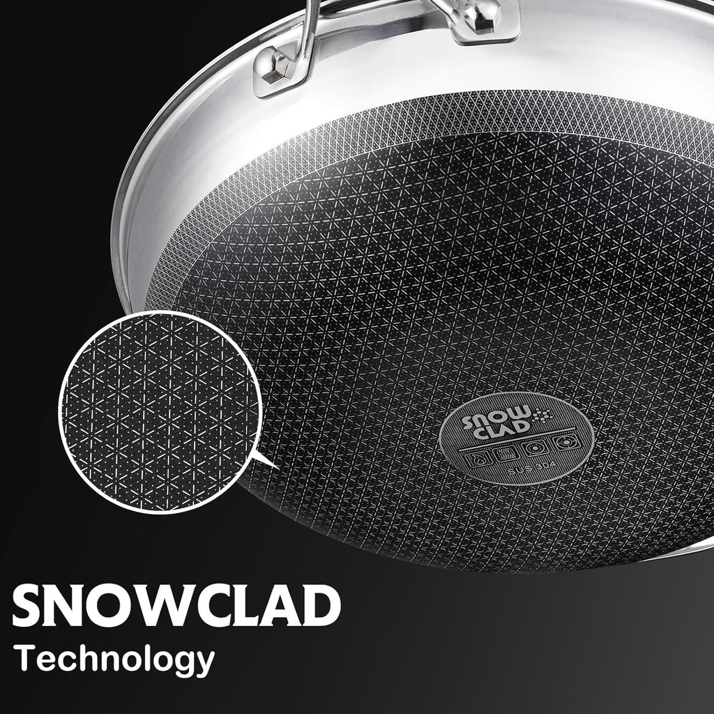 SNOWCLAD Wok, 13 Inch Hybrid Woks & Stir-fry Pans Nonstick with Double Handles, Non Toxic Stainless Steel Wok Pan with Lid, Dishwasher Induction Oven Broiler Safe