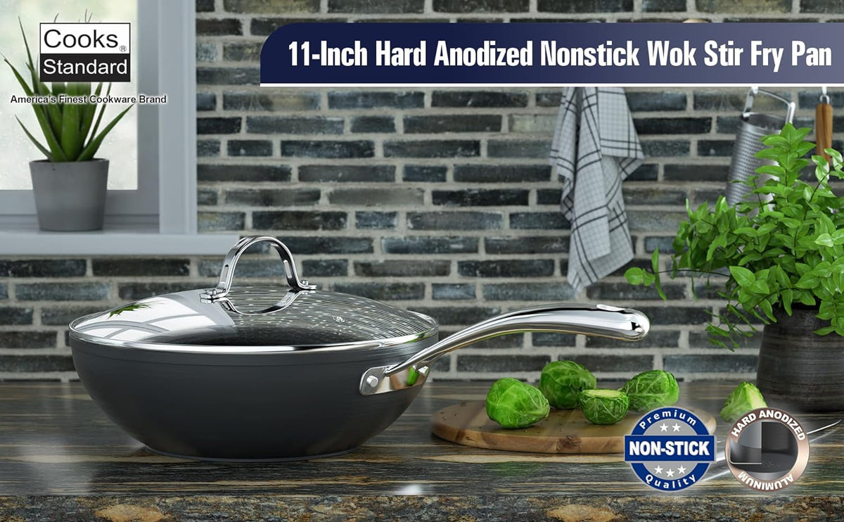 Cooks Standard 11-inch Hard Anodized Nonstick Wok Pan with Lid, Heavy-Gauge