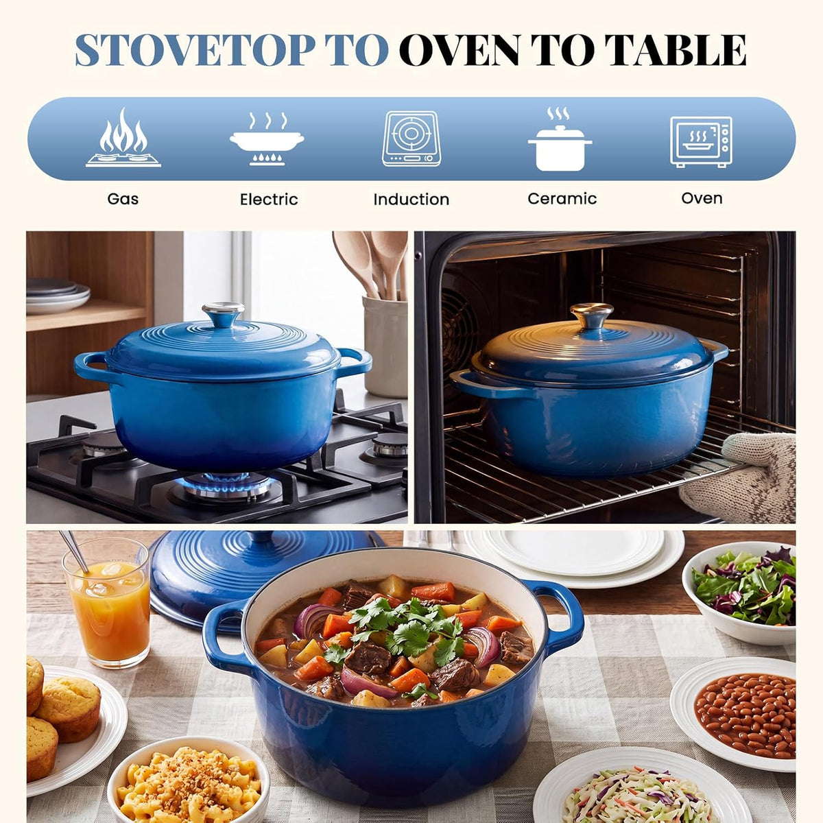 DUMOS Enamel Cast Iron Dutch Oven, 6 Quart Pot with Lid, Gradient Blue