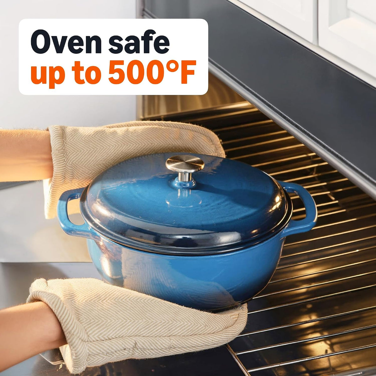 Amazon Basics Enameled Cast Iron Dutch Oven Pot With Lid, 6-Quart, Round, Dual Handles, Heavy-Duty, Oven Safe for Stews, Roasting & Baking, Blue
