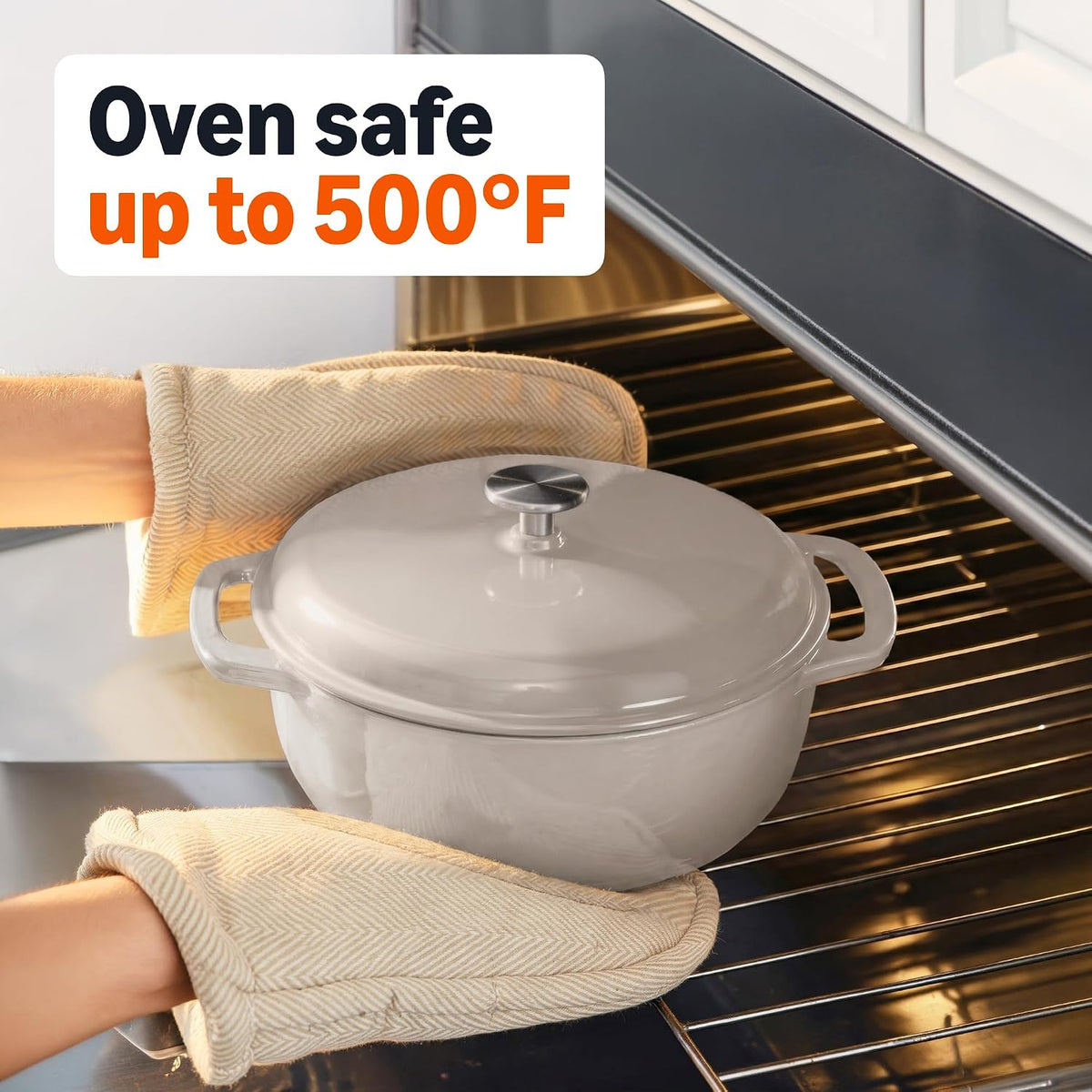 Amazon Basics Enameled Cast Iron Dutch Oven Pot With Lid, 4.3-Quart, Round, Dual Handles, Heavy-Duty, Oven Safe for Stews, Roasting & Baking, Linen Gray