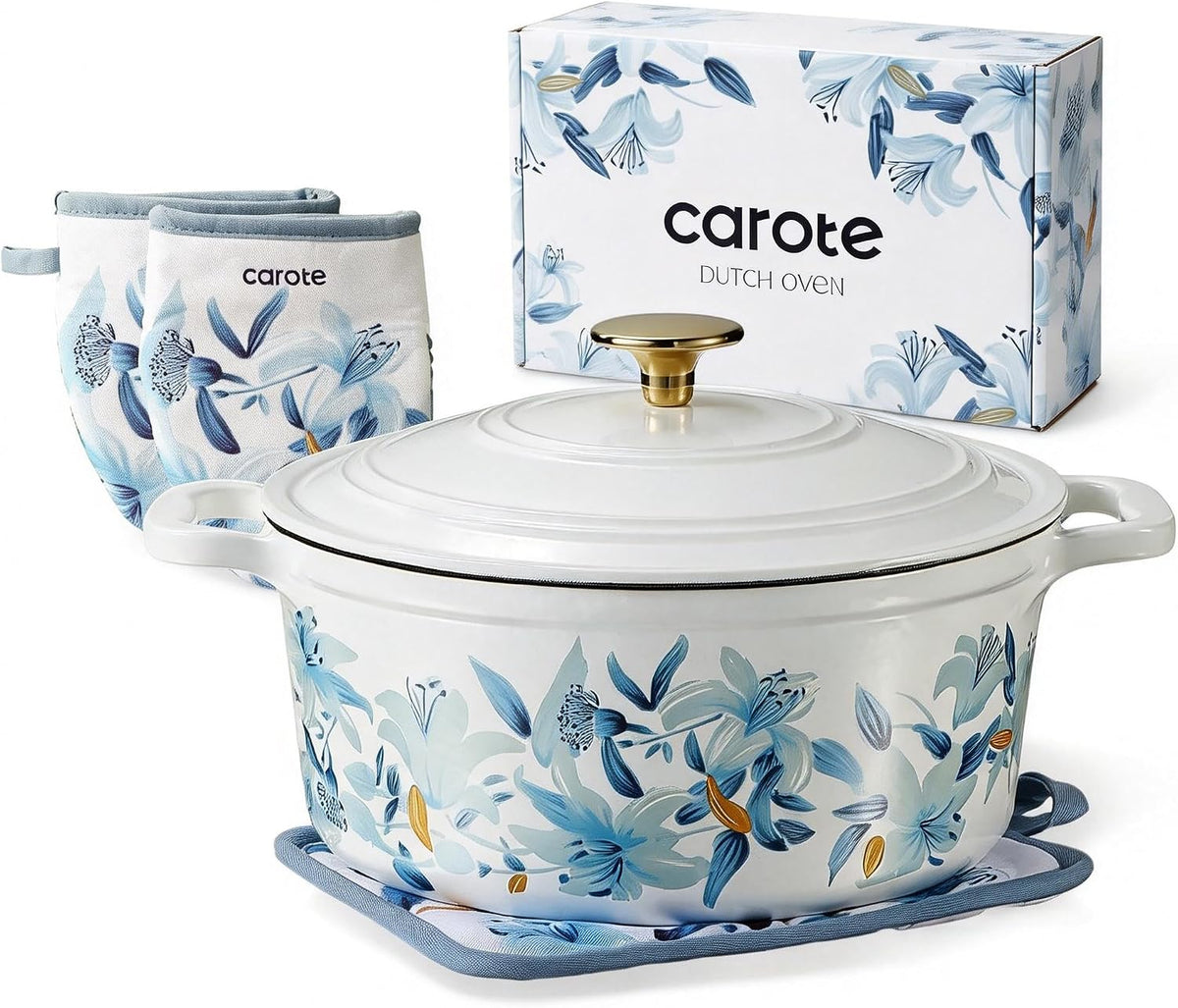 CAROTE 5QT Enameled Floral Cast Iron Dutch Oven Pot with Lid