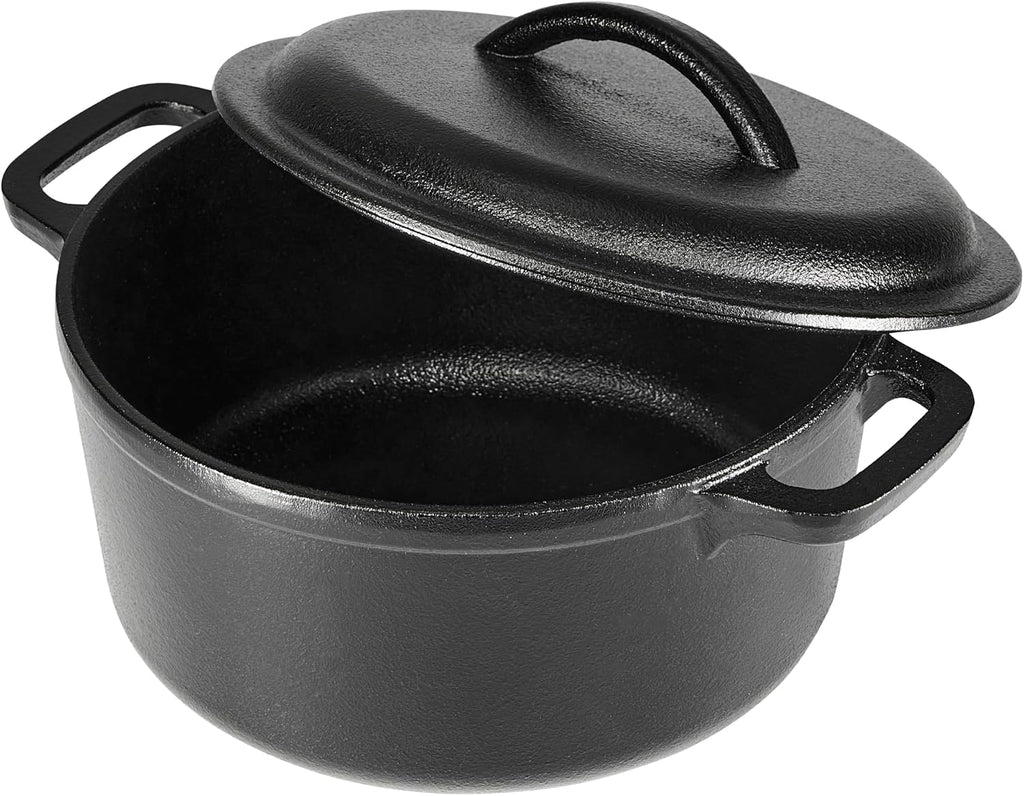 Amazon Basics Pre-Seasoned Cast Iron Mini Dutch Oven Pot with Lid and Dual Handles, Oven Safe, 2-Quart, Round, Black
