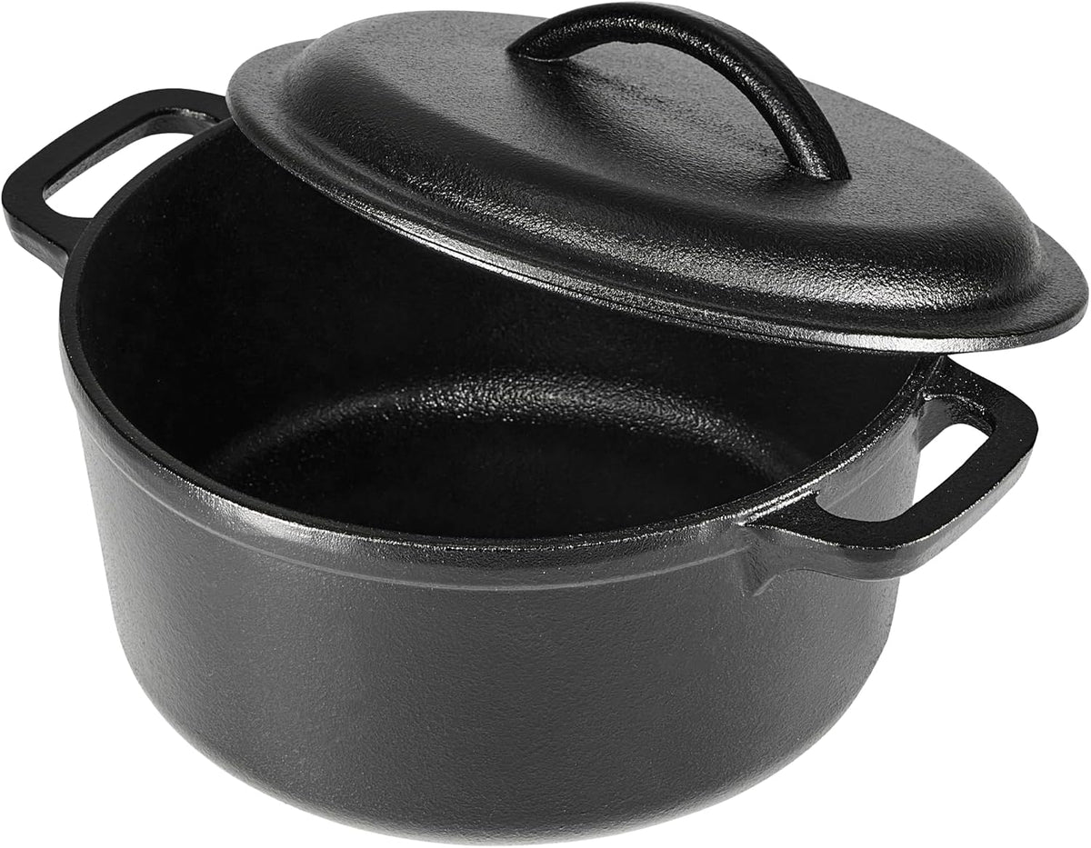Amazon Basics Pre-Seasoned Cast Iron Mini Dutch Oven Pot with Lid and Dual Handles, Oven Safe, 2-Quart, Round, Black