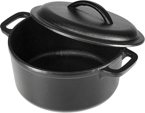 Amazon Basics Pre-Seasoned Cast Iron Mini Dutch Oven Pot with Lid and Dual Handles, Oven Safe, 2-Quart, Round, Black