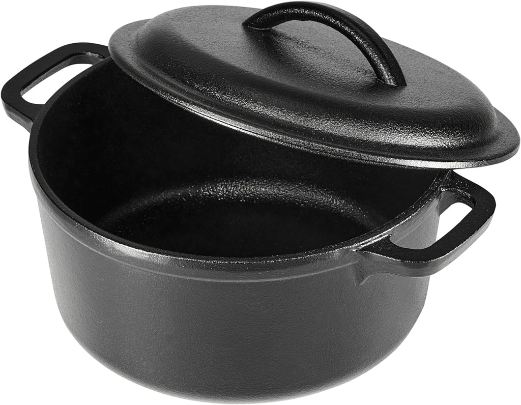 Amazon Basics Pre-Seasoned Cast Iron Mini Dutch Oven Pot with Lid and Dual Handles, Oven Safe, 2-Quart, Round, Black