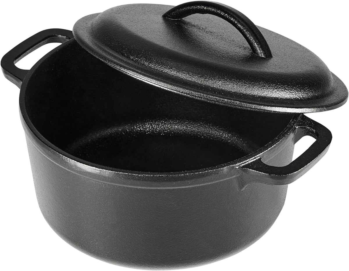 Amazon Basics Pre-Seasoned Cast Iron Mini Dutch Oven Pot with Lid and Dual Handles, Oven Safe, 2-Quart, Round, Black