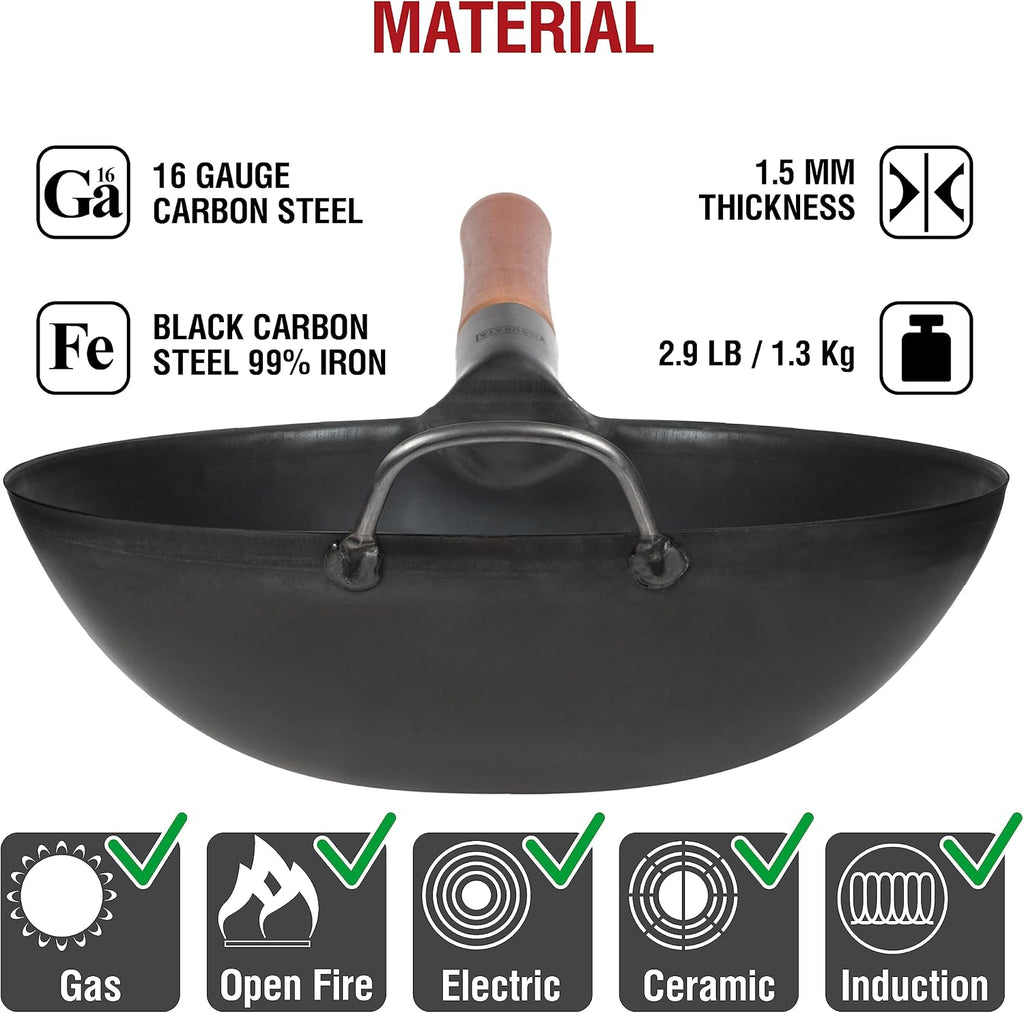 YOSUKATA 11.8" Pre-Seasoned Flat Bottom Black Carbon Steel Wok for Stir Fry