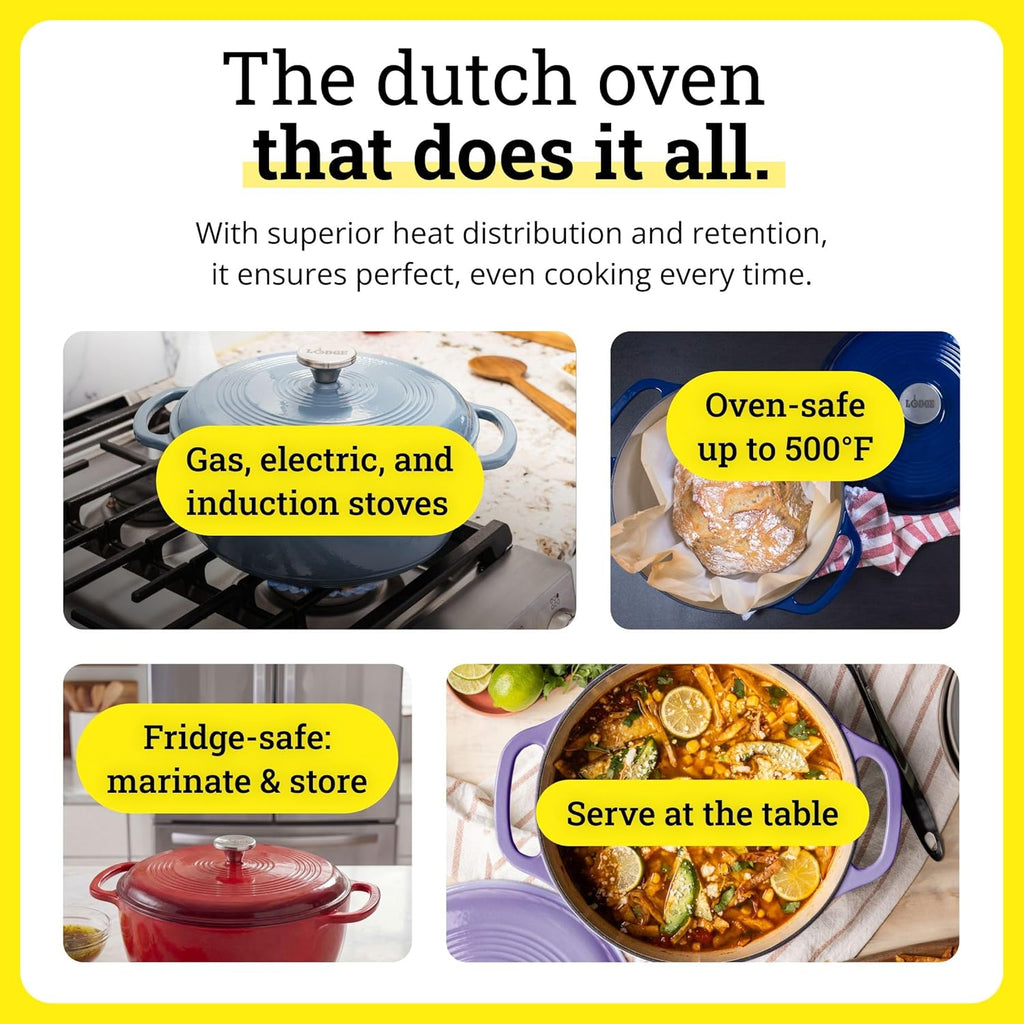 Lodge Essential Enamel Cast Iron Dutch Oven, 6 Quart, Caribbean Blue