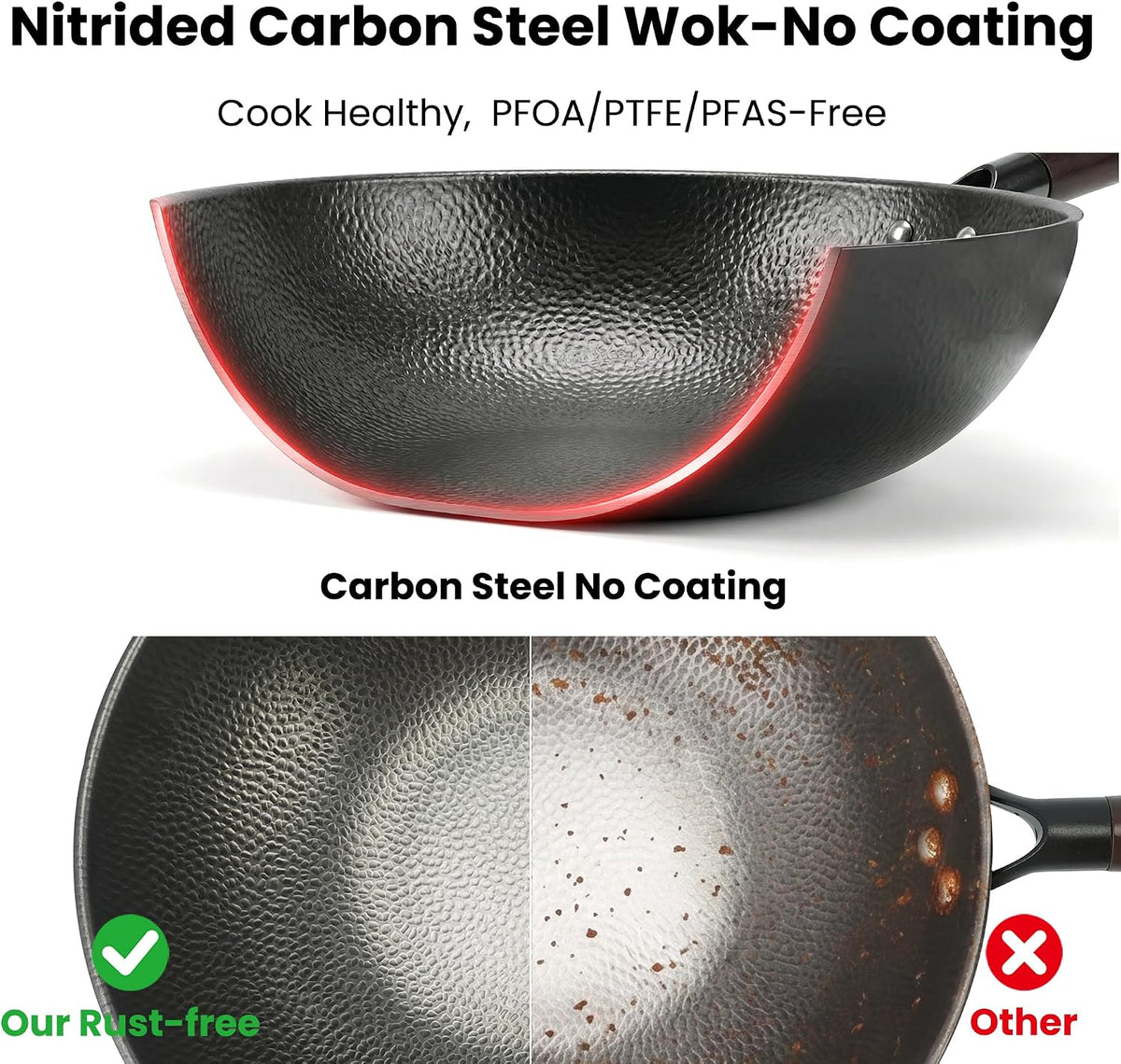 13 Inch Carbon Steel Wok with Lid, Large Flat Bottom Woks & Stir-Fry Pan