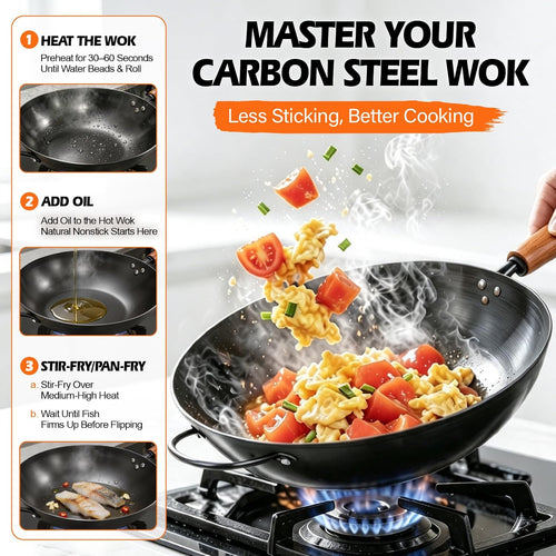 13" Carbon Steel Wok Pan & Glass Lid,Pre-Seasoned Flat Bottom Nitrided Wok