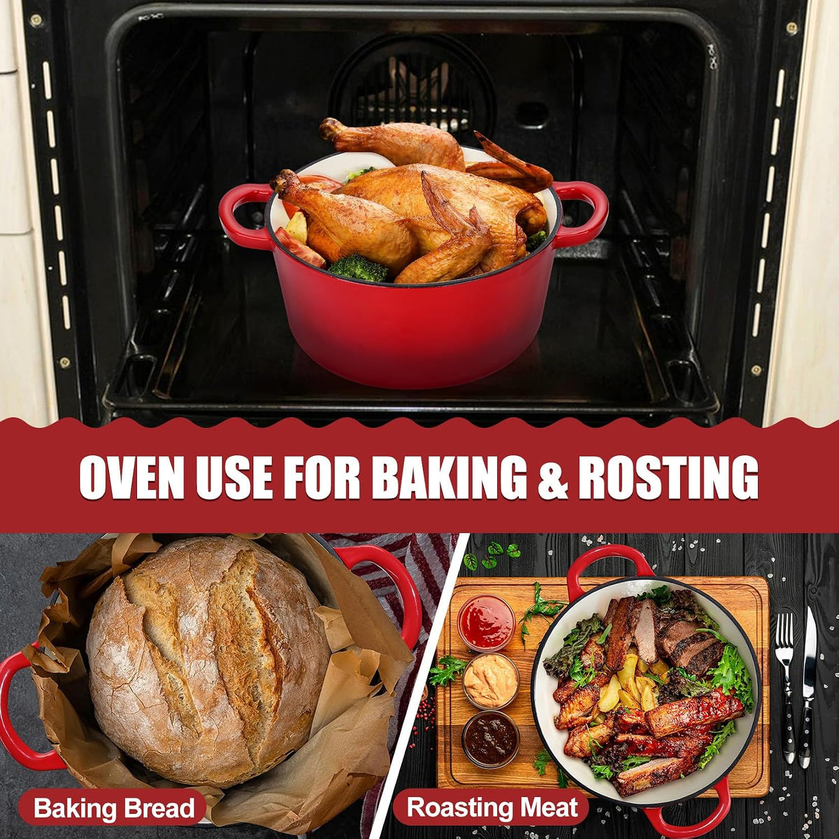 P&P CHEF 2 In 1 Red Dutch Oven Pot with Lid for Bread Baking, 5Qt