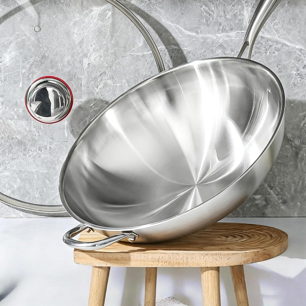 Stainless Steel 316 Wok Pan with Lid, Tri-Ply Stir Fry Pan with Detachable Handle, Works on All Stovetops, Oven & Dishwasher Safe (12.5 inch)