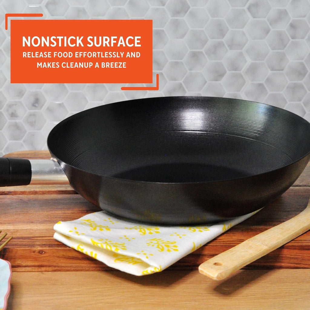 IMUSA 9.5 Inch Carbon Steel Nonstick Wok with Cool-touch Handle, Black