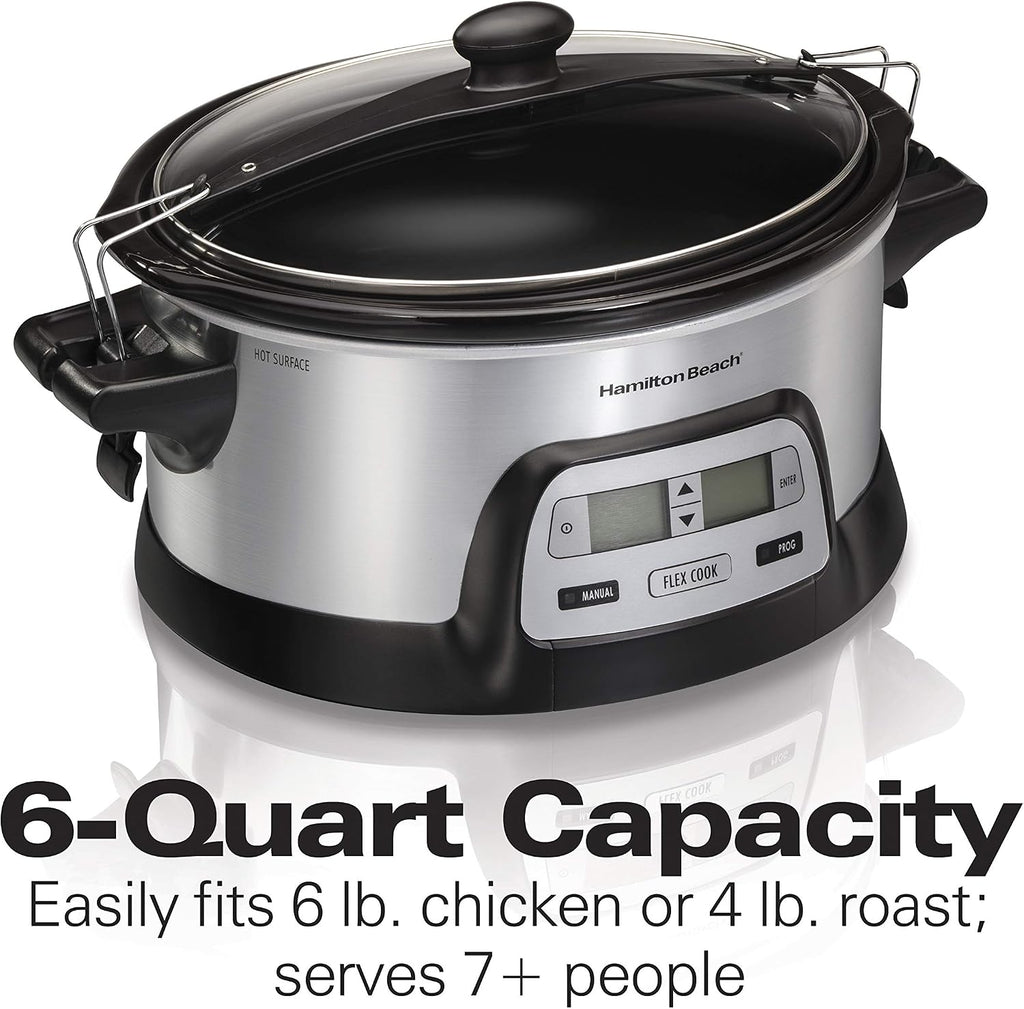 Hamilton Beach 33861 Portable Programmable Slow Cooker, Dishwasher Safe Crock, 6 Qt, FlexCook Dual Digital Timer/2 Heat Settings, Lid Lock for Easy Travel, Silver