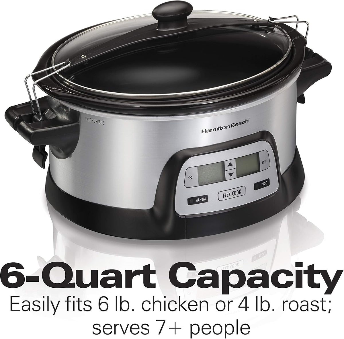 Hamilton Beach 33861 Portable Programmable Slow Cooker, Dishwasher Safe Crock, 6 Qt, FlexCook Dual Digital Timer/2 Heat Settings, Lid Lock for Easy Travel, Silver