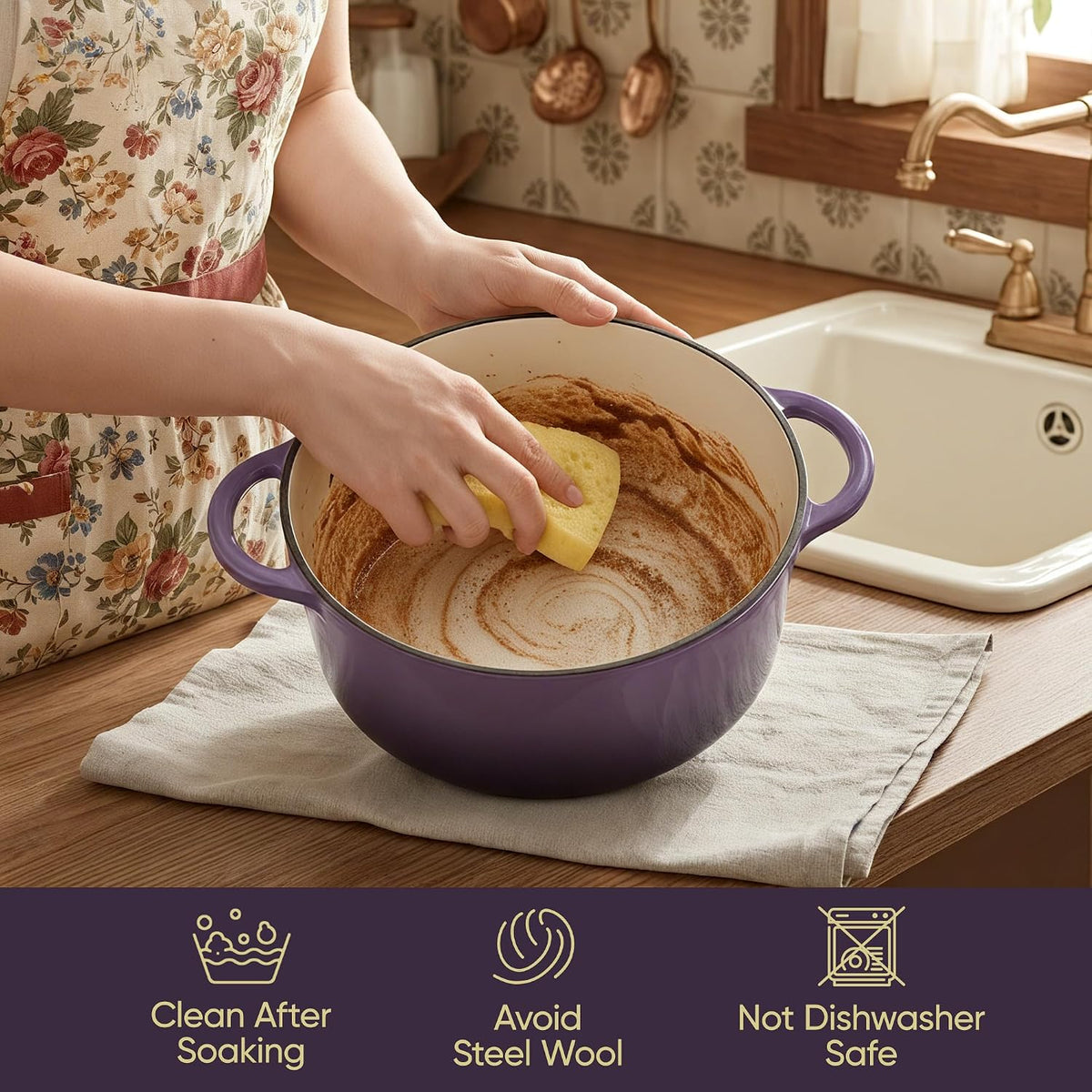 Vintage Style 6 Quart Dutch Oven Pot with Lid, Non Stick Enameled Cast Iron Dutch Oven for Bread Baking, Heavy-Duty, Oven Safe Ceramic Cookware Up to 500°F for Baking, Braising, Stews, Roasting, Purple