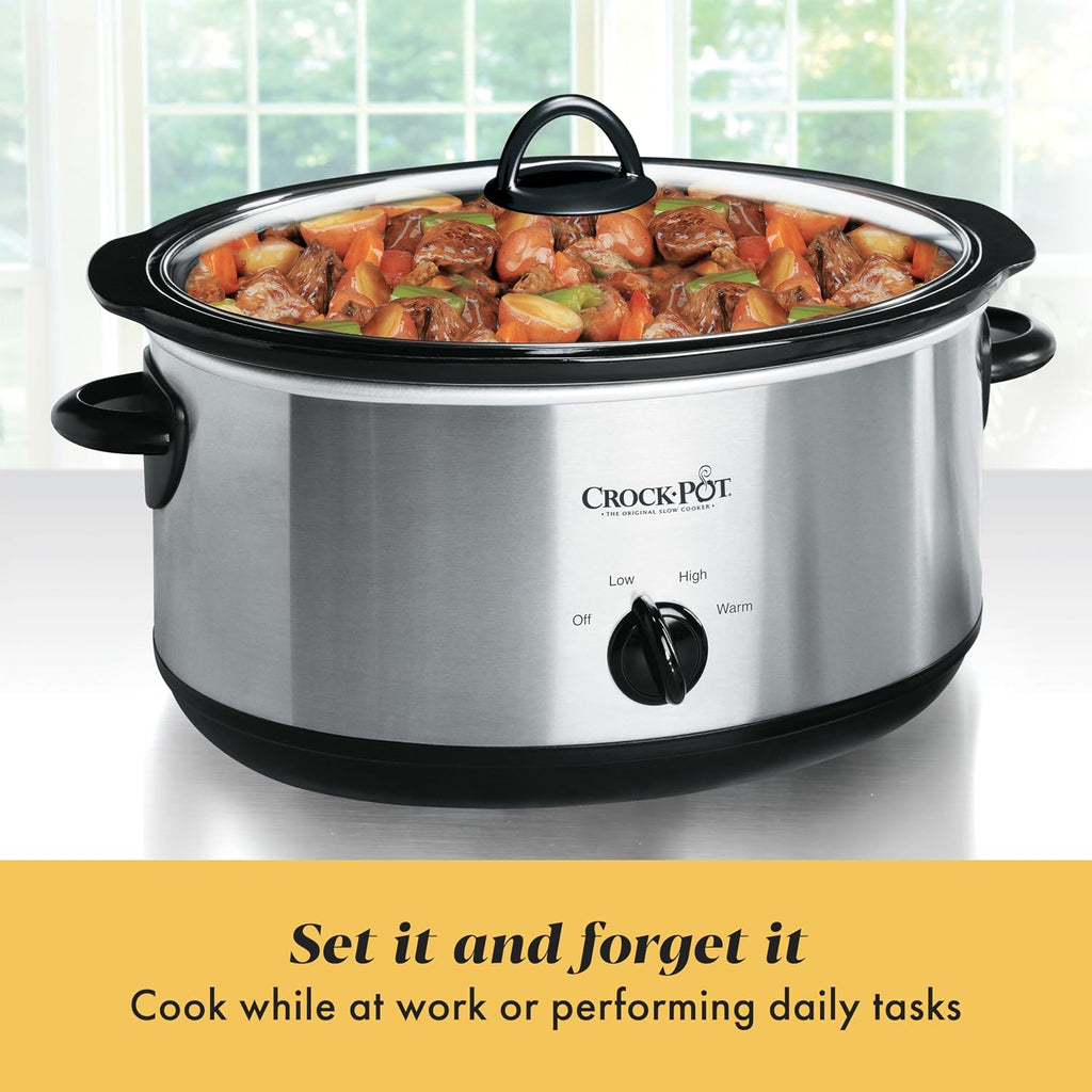 Crock-Pot 7-Quart Manual Slow Cooker, Family Size Serves 8+ People & Fits 6-lb Roast, Removable Stoneware with Warming Setting, Dishwasher Safe for Easy Cleanup, Stainless Steel
