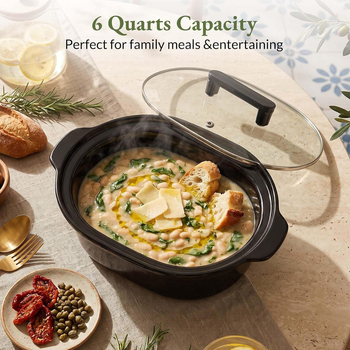 MAGNIFIQUE 6 Quart Programmable Slow Cooker Removable Healthy Nonstick Pot - Small Kitchen Appliance for Family Dinners - Serves 6+ People - Heat Settings: Keep Warm Olive