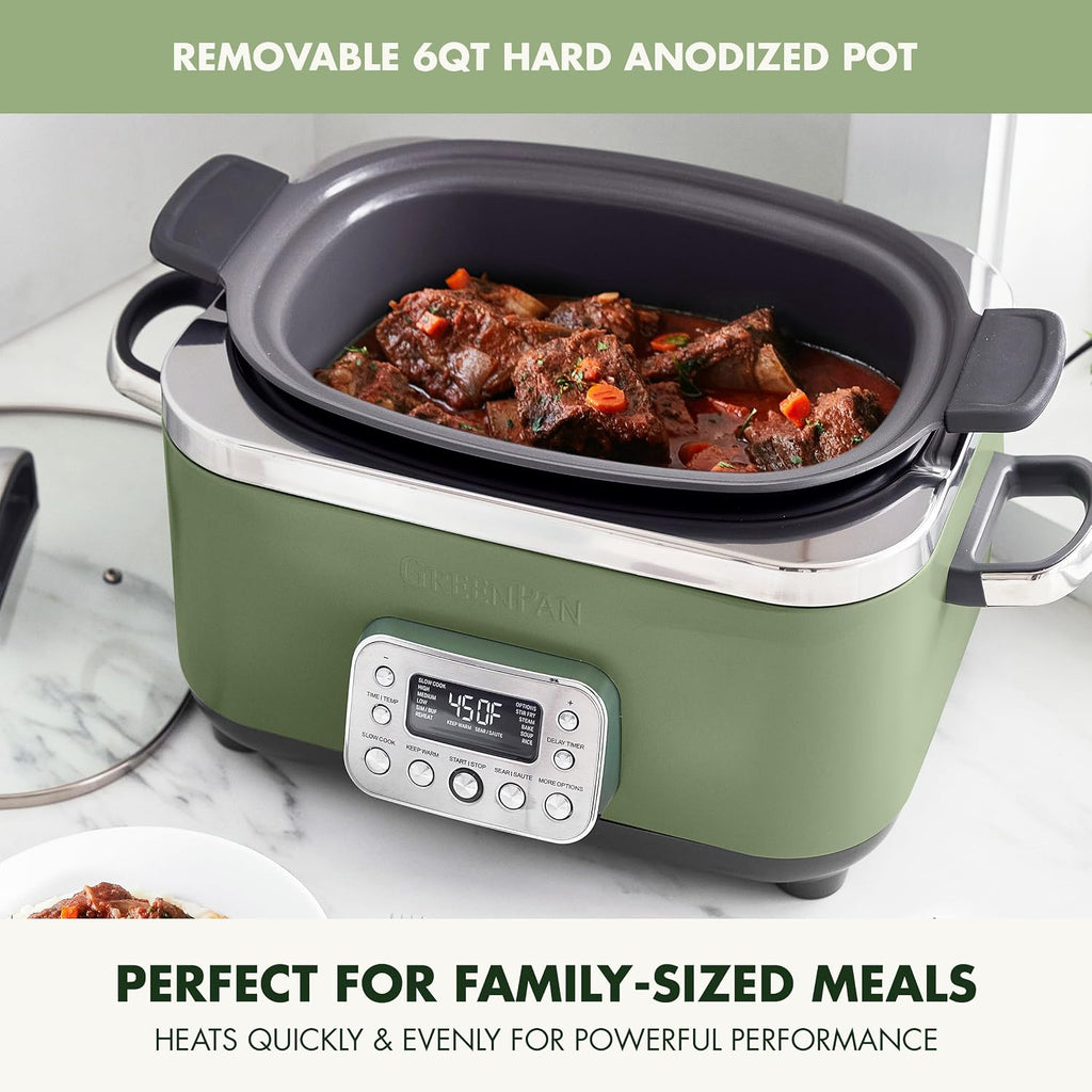 GreenPan Elite 14-in-1 Nonstick 6QT Electric Slow Cooker, PFAS-Free Ceramic Multi-Cooker, In-Pot Browning, Dishwasher Safe Lid & Removable Crock, Stainless Steel Steamer, Silicone Handles, Sage Green