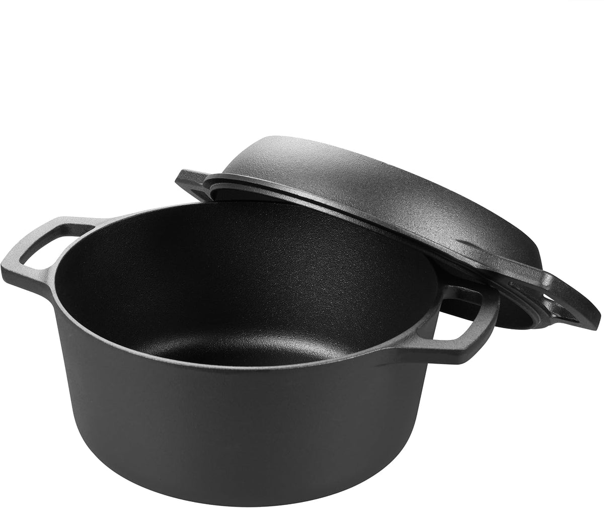 VORRINGARD Pre-seasoned Cast Iron Double Dutch Oven Pot with Skillet Lid, Dual-handle, for Bread Baking, Outdoor, Campfire Cooking, 5 Quart