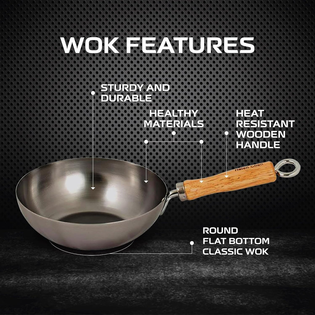 Helen's Asian Kitchen Carbon Steel Mini Wok, 8-Inch, Flat Bottom Chinese Stir Fry Pan With Rubberwood Handle For Single-Serve Stir Fry, Fried Rice, Noodles, And Asian Cooking