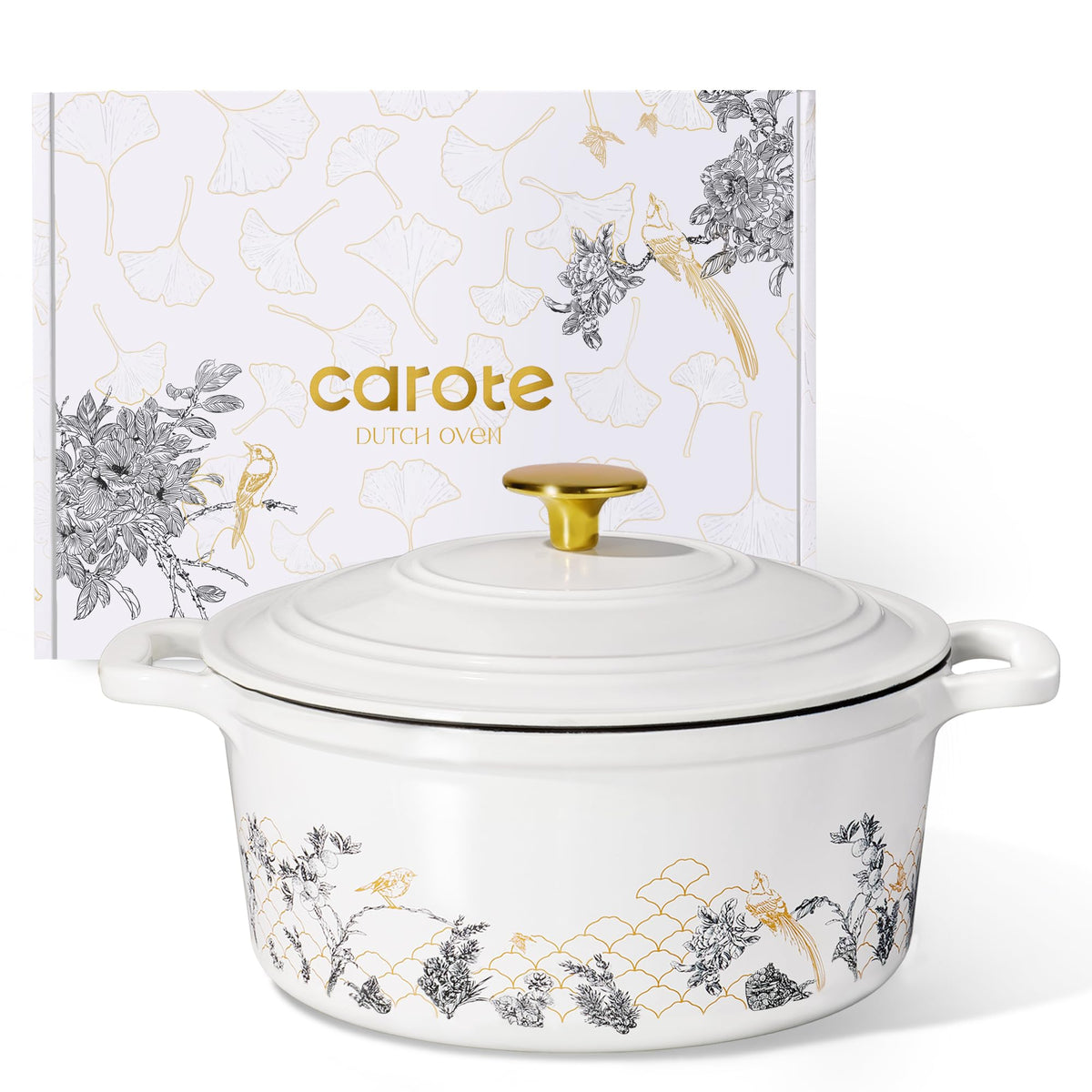 CAROTE 5QT Enameled Floral Cast Iron Dutch Oven Pot with Lid