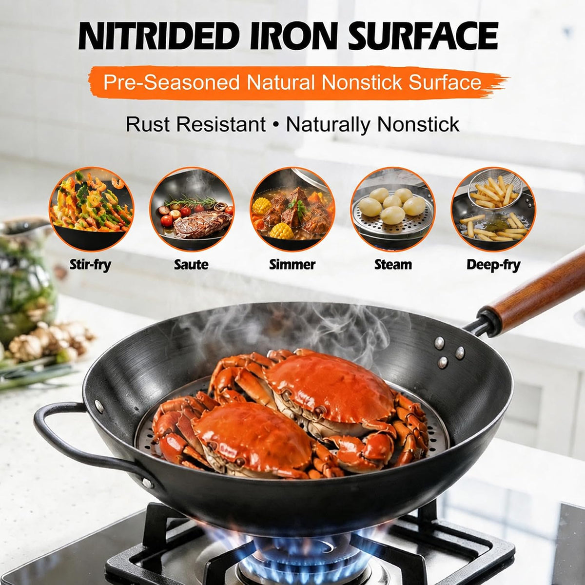 13" Carbon Steel Wok Pan & Glass Lid,Pre-Seasoned Flat Bottom Nitrided Wok