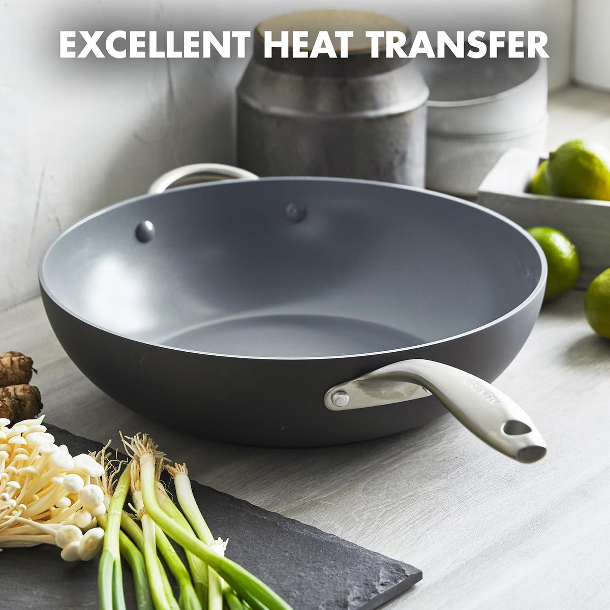 GreenPan Lima Hard Anodized Healthy Ceramic Nonstick 12.5" Wok pan with Helper Handle, PFAS-Free, Oven Safe, Gray