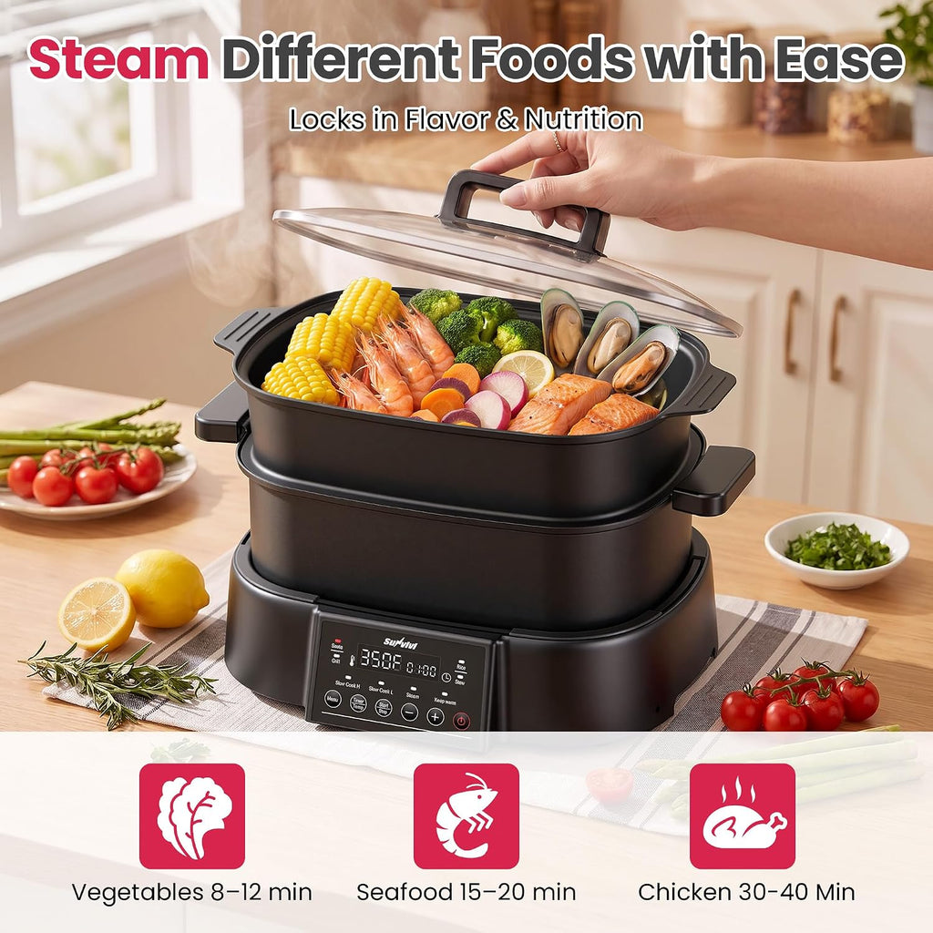 Sunvivi 8-in-1 Multi Cooker, 6.5QT Slow Cooker with Food Steamer