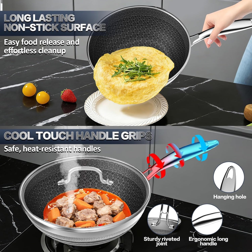 Wok Pan - 304 Stainless Steel Woks & Stir-fry Pans Nonstick - Hybrid 10.8 inch Nonstick Wok with Lid for Induction, All Stoves, PFOA-Free Cookware, Kitchen Essentials, Dishwasher and Oven Safe