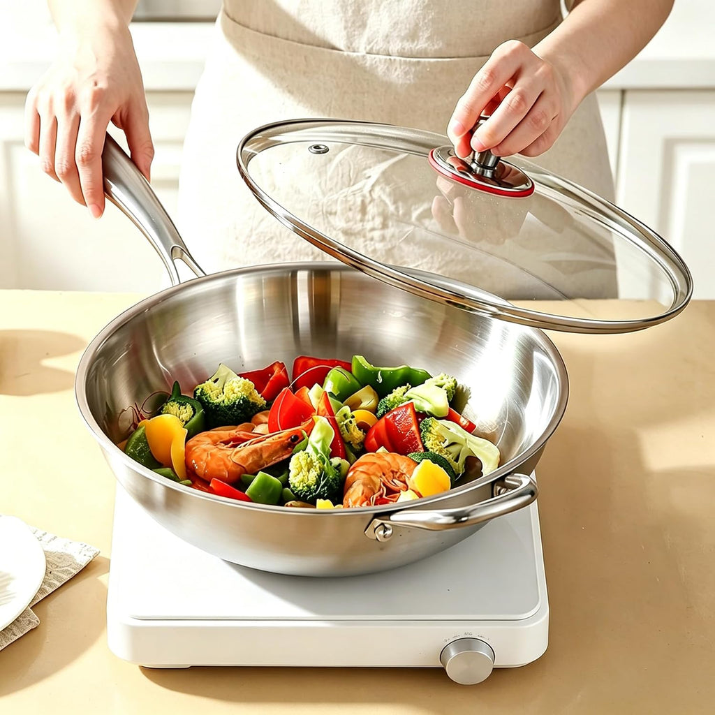 Stainless Steel 316 Wok Pan with Lid, Tri-Ply Stir Fry Pan with Detachable Handle, Works on All Stovetops, Oven & Dishwasher Safe (12.5 inch)