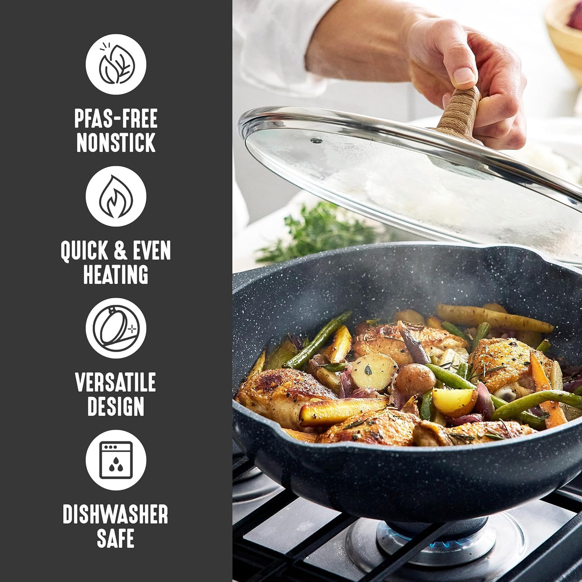 GreenLife Nonstick 12” (5QT) All in One Deep Skillet Wok with Lid, PFAS-Free Non-Toxic Ceramic Multi-Purpose Pan, Induction, All Stovetop, Egg, Stir Fry, Saute, Stay Cool Handle, Granite Black