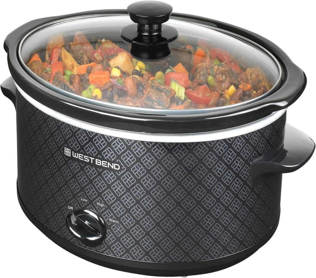 West Bend Slow Cooker 4-Quart Manual Crockery Style with Dishwasher Safe Oval Ceramic Crockpot and Glass Lid Two Temperature Settings Plus Keep Warm, 210-Watts, Black