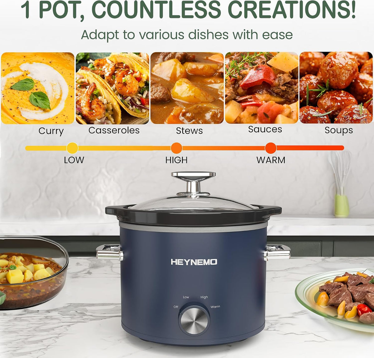 2 QT Small Slow Cooker, 3 Adjustable Temp, Upgraded Ceramic Pot, Easy Clean-up, Nutrient Loss Reduction, Sauces, Stews & Dips, Stainless Steel, Blue