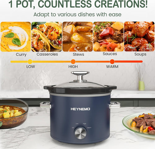 2 QT Small Slow Cooker, 3 Adjustable Temp, Upgraded Ceramic Pot, Easy Clean-up, Nutrient Loss Reduction, Sauces, Stews & Dips, Stainless Steel, Blue