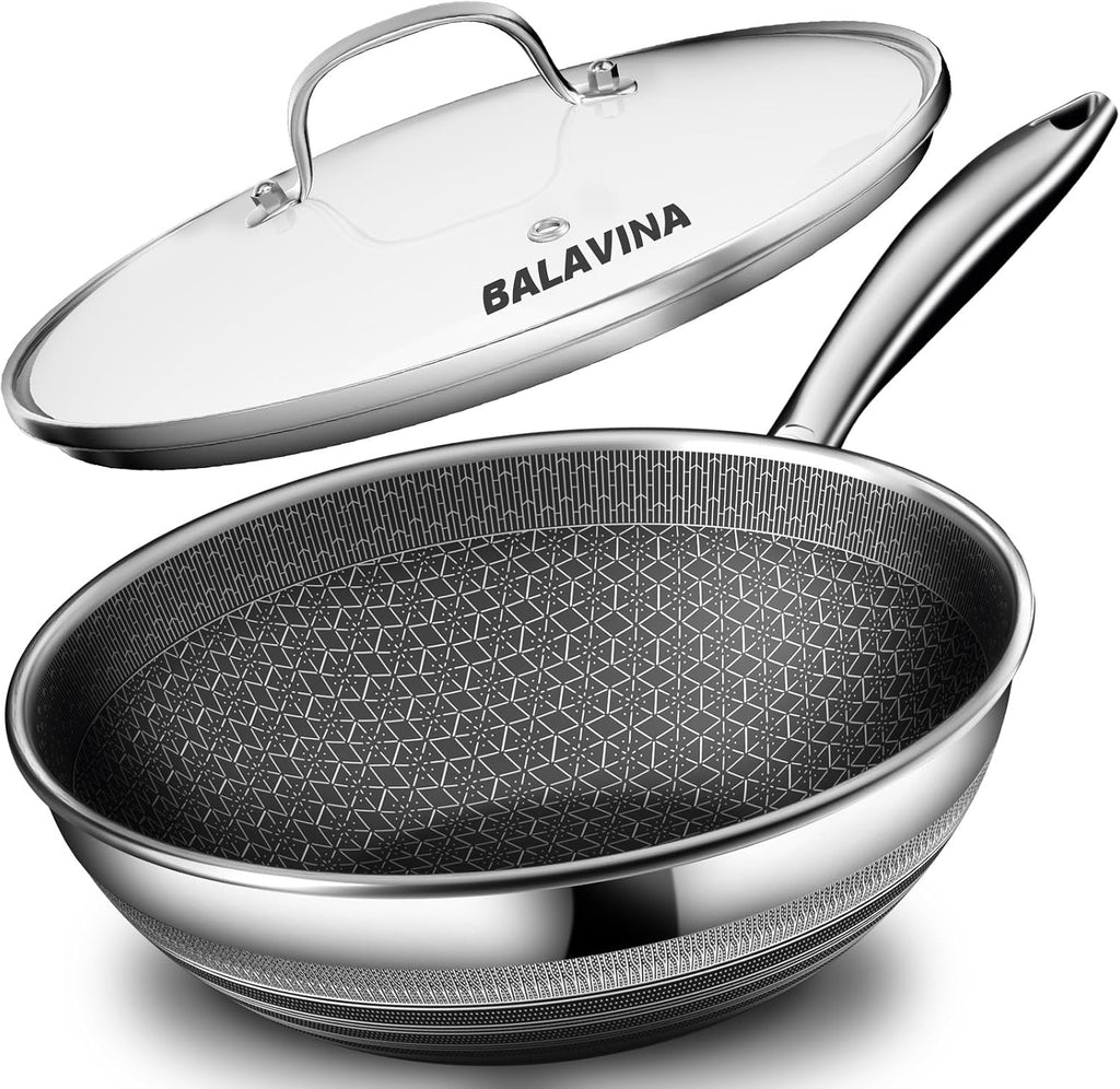 Wok Pan - 304 Stainless Steel Woks & Stir-fry Pans Nonstick - Hybrid 10.8 inch Nonstick Wok with Lid for Induction, All Stoves, PFOA-Free Cookware, Kitchen Essentials, Dishwasher and Oven Safe