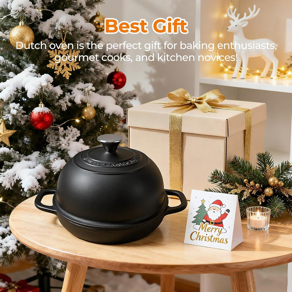 5QT Pre-Seasoned Cast Iron Dutch Oven For Bread Baking, Dutch Oven with Domed Lid, Sourdough Bread Baking Supplies, Multi-Functional Bread Pan For Baking, Frying, Roasting