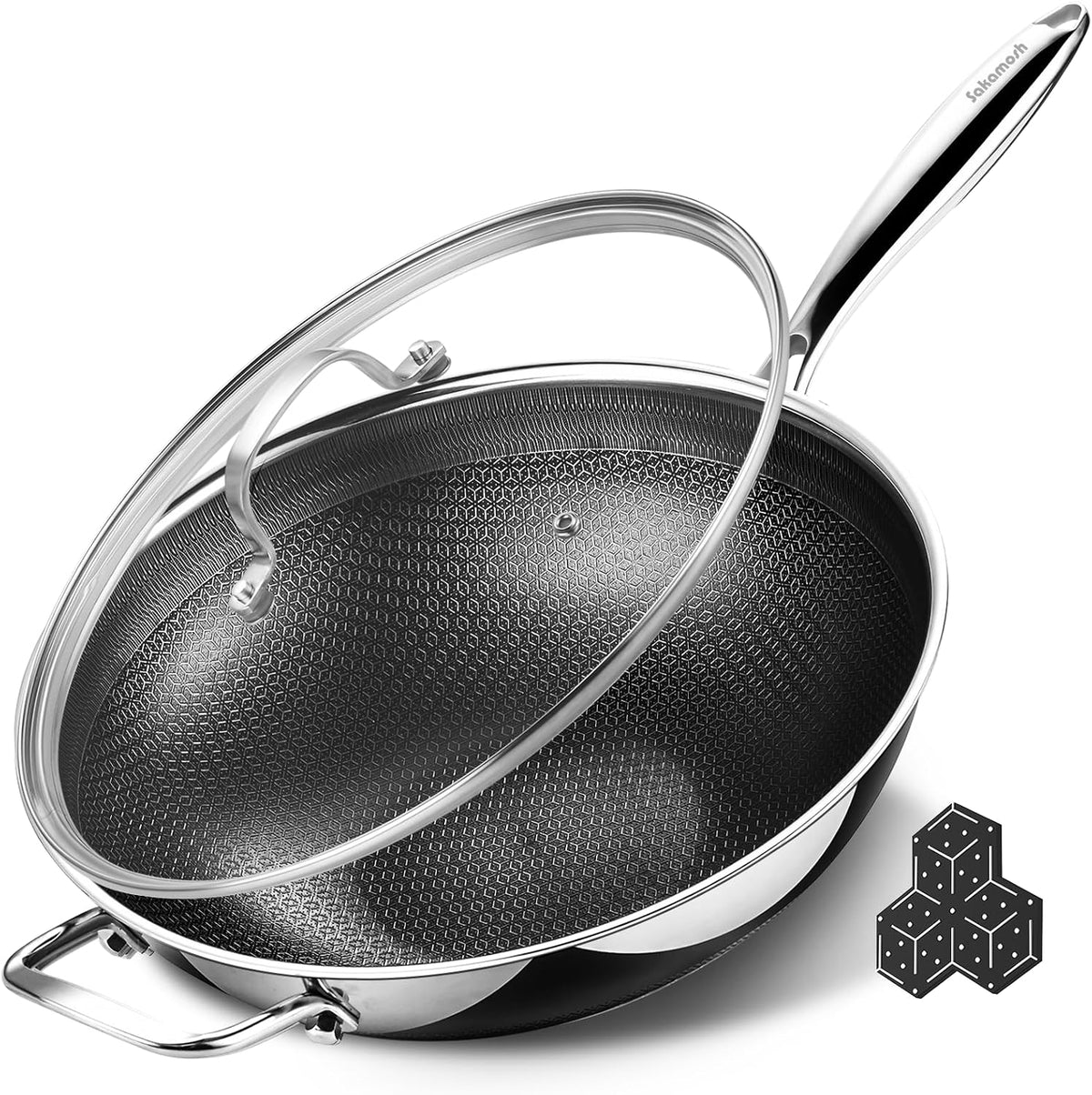 SAKAMOSH Hybrid 12inch Wok with Lid, Stainless Steel Woks & Stir-Fry Pans Nonstick, Non Toxic, PFAS PFOA PTFE Free, Dishwasher and Oven Safe, Works on Induction