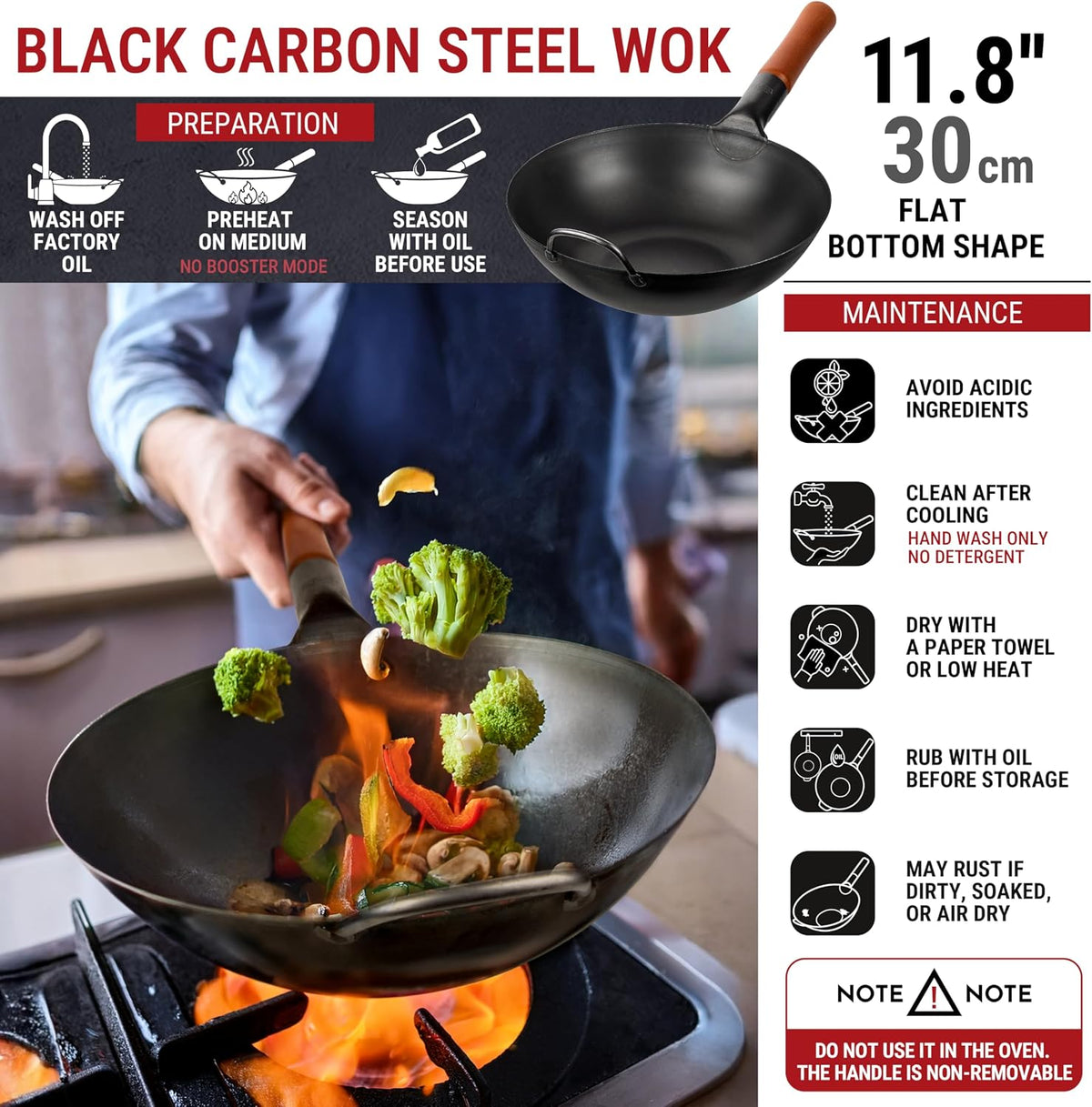 YOSUKATA 11.8" Pre-Seasoned Flat Bottom Black Carbon Steel Wok for Stir Fry