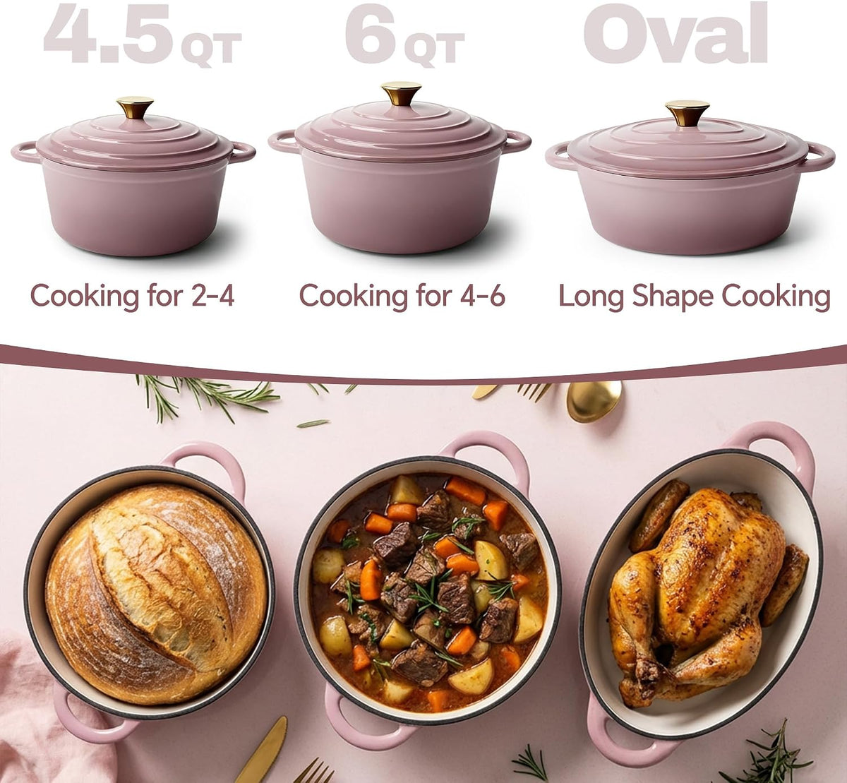 Vintage Style 6 Quart Dutch Oven Pot with Lid, Non Stick Enameled Cast Iron Dutch Oven for Bread Baking, Heavy-Duty, Oven Safe Ceramic Cookware Up to 500°F for Baking, Braising, Stews, Roasting, Pink