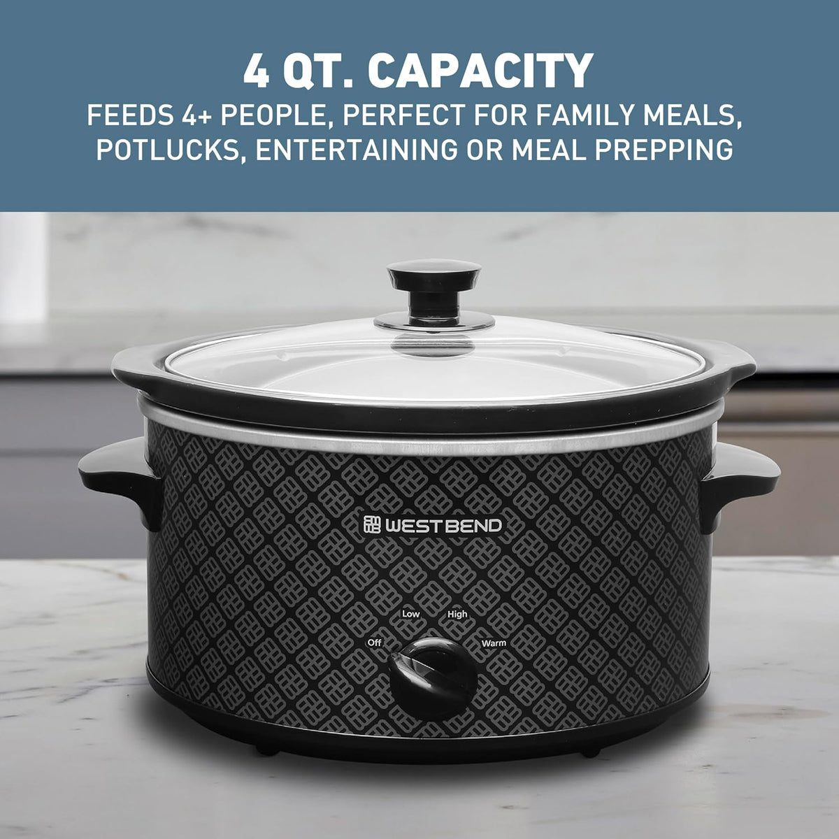West Bend Slow Cooker 4-Quart Manual Crockery Style with Dishwasher Safe Oval Ceramic Crockpot and Glass Lid Two Temperature Settings Plus Keep Warm, 210-Watts, Black