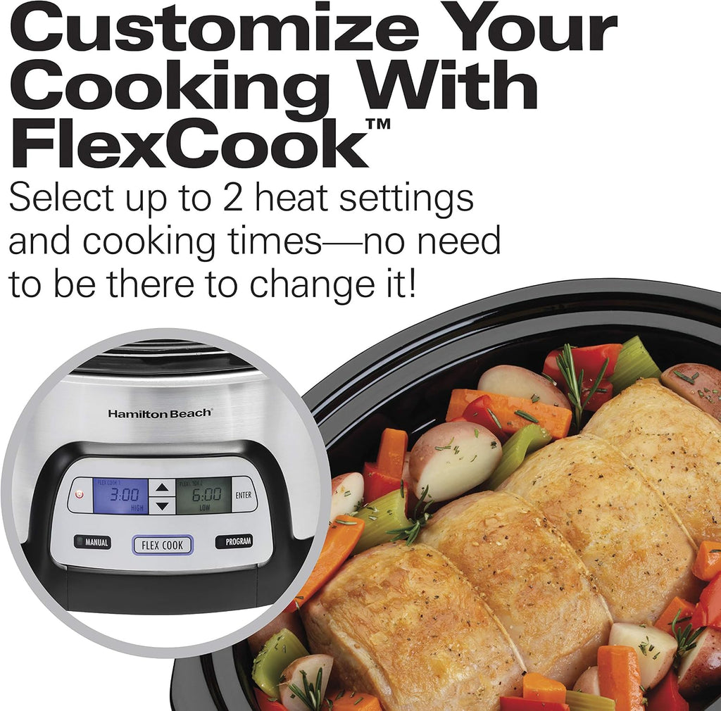 Hamilton Beach 33861 Portable Programmable Slow Cooker, Dishwasher Safe Crock, 6 Qt, FlexCook Dual Digital Timer/2 Heat Settings, Lid Lock for Easy Travel, Silver