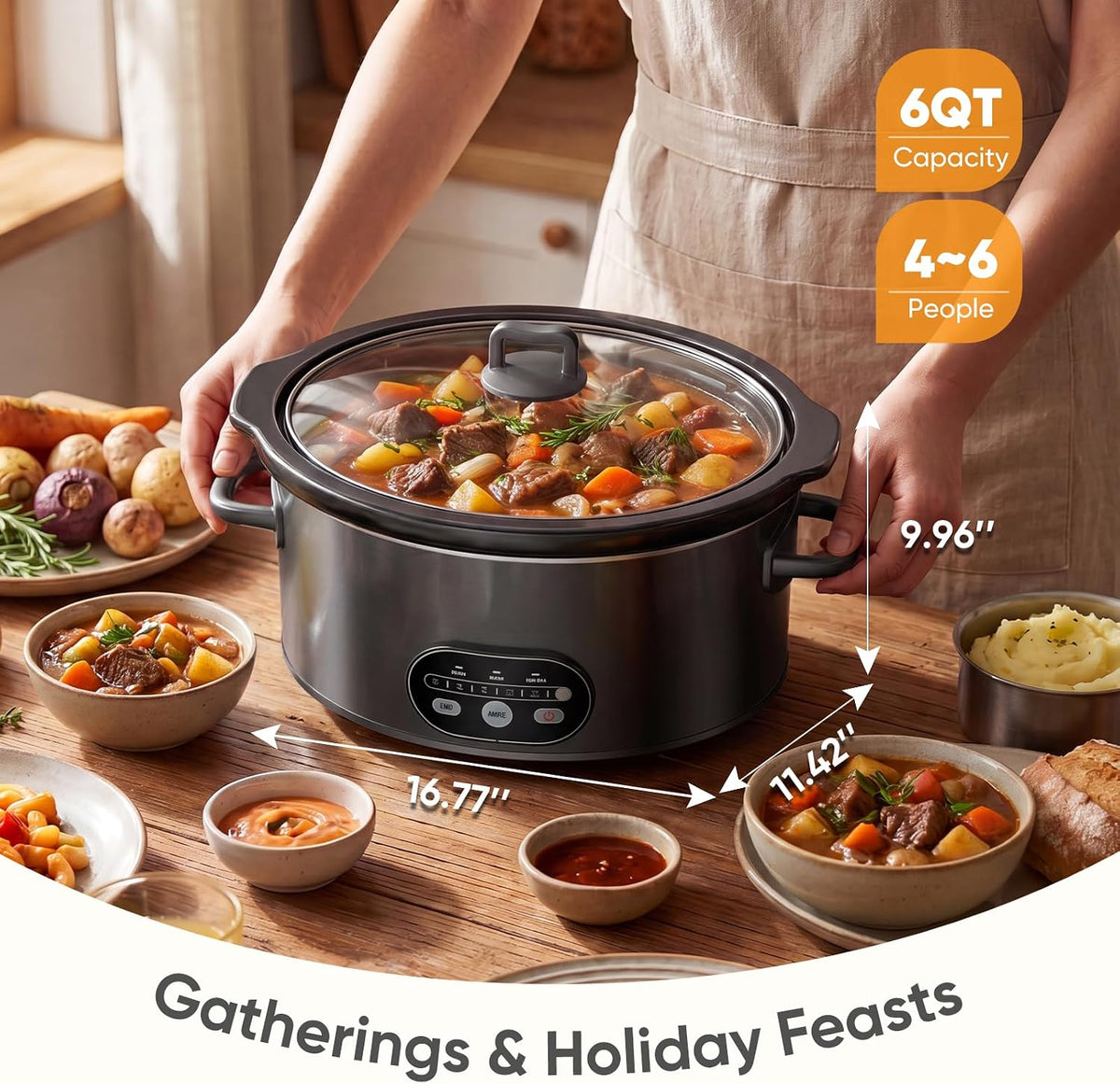 NEWBULIG Slow Cooker 6 Quart, Large Slow Cooker, Ceramic Nonstick Coating, 3 Adjustable Temp Multi Cookers with Dishwasher Safe Stoneware Pot & Tempered Glass Lid, 35in Tangle Free Cord Wrap, Black