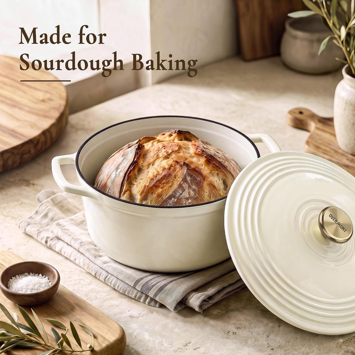 Overmont Enameled Cast Iron Dutch Oven - 5.5QT Pot with Lid Cookbook & Cotton Potholders - Heavy-Duty Cookware for Braising, Stews, Roasting, Sourdough Baking White