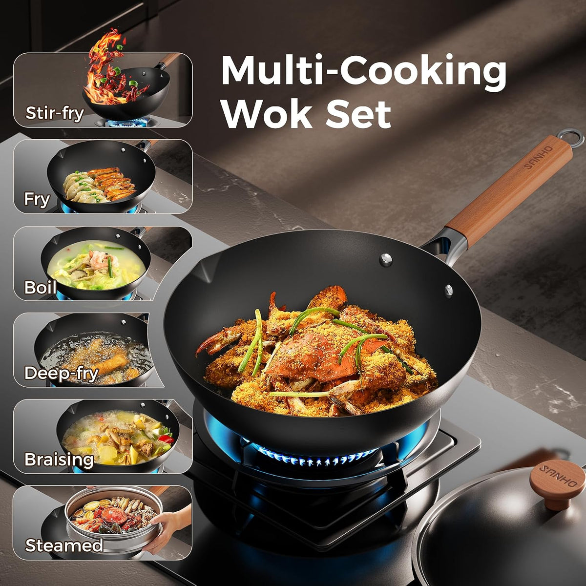 Sanho 12 Inch Carbon Steel Wok Pan, 4QT Woks & Stir-Fry Pans Nonstick with Lid, No Seasoning Required & 0 Coating, Compatible with All Cooktops & Utensils for Stir Fry, Pan-Fry, Steam, Camping