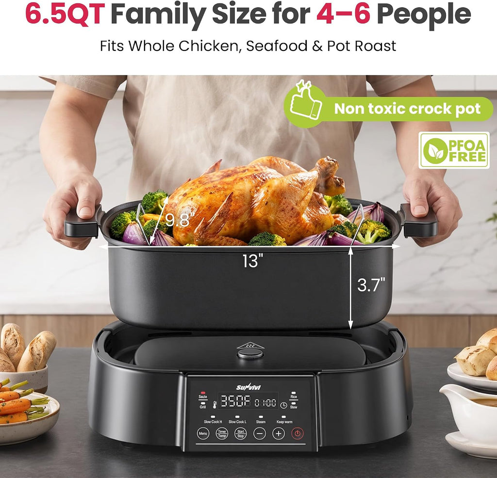 Sunvivi 8-in-1 Multi Cooker, 6.5QT Slow Cooker with Food Steamer